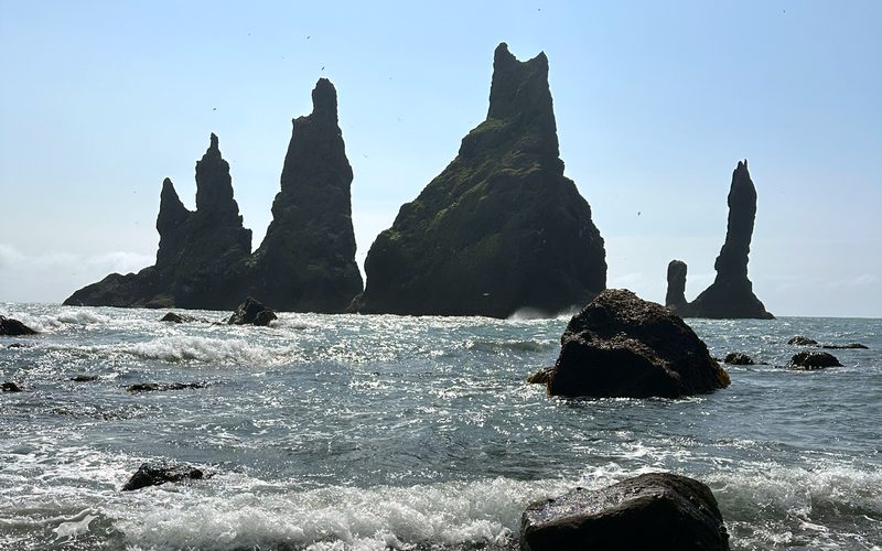 The Reynisdrangar sea stacks off Reynisfjara black-sand beach